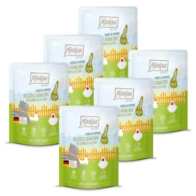 Afbeelding van MjAMjAM Premium natvoer voor katten Quetschie Chicks &amp; Friends heerlijke kip met gestoomde courgette, 6 verpakking (6 x 300g), graanvrij