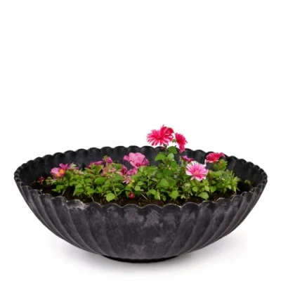 Afbeelding van Matches21 Plantenschaal voor buiten, 22 cm, decoratieve schaal, zwart geribbeld, als bloempot, plantenpot, ronde bloemenschaal tuin, balkon of begraafplaats grafschaal