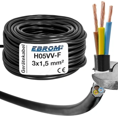 Afbeelding van EBROM Kunststof slangleiding rond, kabel, stroomkabel, apparaatkabel H05VV F 3x1,5 mm² 3G1,5 kleur: zwart vele lengtes in stappen van 5 m tot 150 meter, uw kabellengte: 25 meter