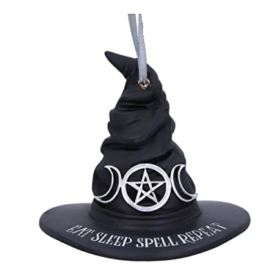 Afbeelding van Nemesis Now Eat Sleep Spell Repeat Heksenhoed hangend ornament 9 cm, hars, zwart, exclusief hekserijontwerp, Halloween en kerstdecoratie, gegoten in de fijnste vakkundig handgeschilderd