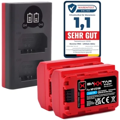 Afbeelding van Baxxtar Pro NP FZ100 Accu (2x 2600 mAh/Generatie IV) compatibel met Alpha 6600 6700 7 III IV 7C II 7CR R ZV E1 enz. en oplader Mini LCD DUAL (ingang USB C/microUSB)