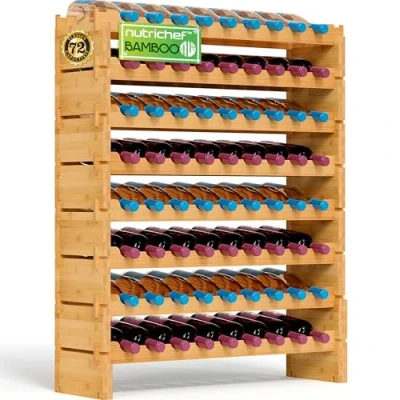 Afbeelding van NutriChef, Wijnrek,Bamboe Stapelbaar Flessenrek 8 Lagen 72 Flessen Capaciteit Vrijstaand Wijnrek voor Vloer Modulaire Opslag Display Plank Keuken en Wijnkelder 85,1 cm x 25,4 106,7