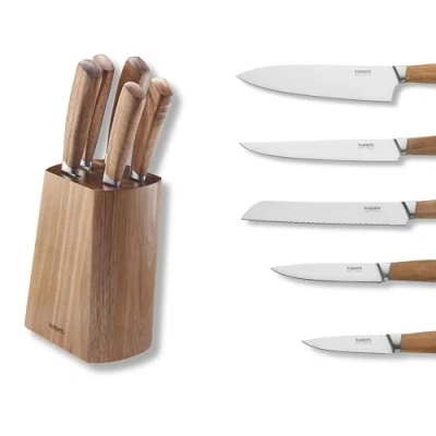 Afbeelding van Kuppels Wood Messenblok met messenset, 5 delig, spickmes, universeel mes, vleesmes, koksmes, broodmes, lemmetstaal 3Cr13, acaciahouten blok en handgrepen