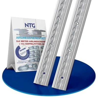 Afbeelding van NTG 2 x m aluminium airline rail, voor inlaten, inschuifbaar als bodemprofiel 1975 mm spaarset m. 10x dubbelfitting ladingbeveiliging vrachtwagens en campers geboorde sjorrail zilver geanodiseerd