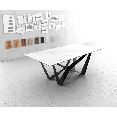 Afbeelding van Eettafel Edge Laminam® keramiek wit 200x100cm middenvoet vlak staal zwart