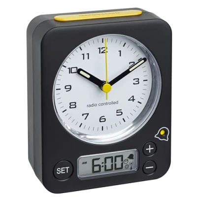 Afbeelding van TFA Dostmann Combo analoge wekker, 60.1511.01.07, met radioklok, digitale alarminstelling, geruisloze toetsen, zwart geel