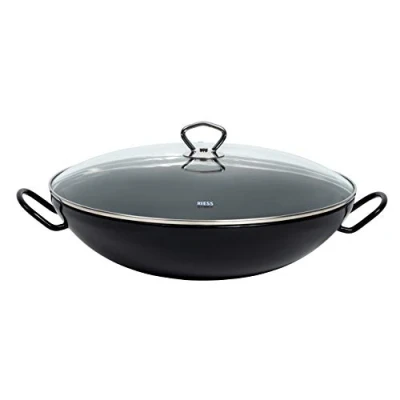 Afbeelding van Riess, 0385 022, wok met glazen deksel 36, CLASSIC BLACK MAILLE, diameter 36cm, afmetingen 44,5 x 36 16,5cm, inhoud 4 liter, email, zwart, inductie