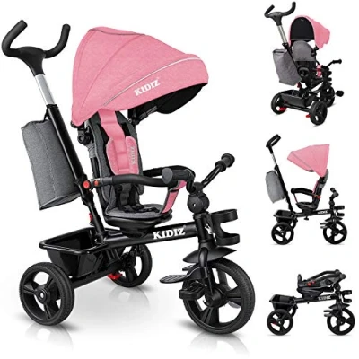 Afbeelding van KIDIZ® Kinderdriewieler 5in1 Loopfiets Driewieler Driewielfiets voor Kinderen vanaf 1 jaar Jogger vooruit en achteruit Kinderfiets met mand, tas, Bekerhouder, zonnekap rubberen wielen, Roze