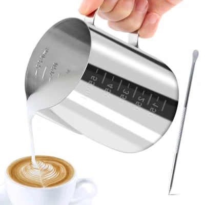 Afbeelding van JOPHEK melkkannetje, handheld roestvrij stalen opschuimkanje, koffiecrème, melkopschuimer, beker met maataanduiding en latte art pen, perfect voor barista, espresso (600 ml)