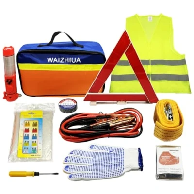 Afbeelding van WAIZHIUA Emergency Tool Kit, 12 stuks auto noodhulp, pechhulp, auto, veiligheidskit, autoopanchet, met gevarendriehoek, veiligheidsvest, sleepkabel, veiligheidshamer, opbergtas