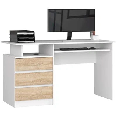 Afbeelding van AKORD PC bureau CLP 135 met toetsenbordplank, kantoorbureau, computertafel, 3 laden, 1 opbergvak, B135 x H77 D60 cm, 45 kg, wit &amp; sonoma eiken front