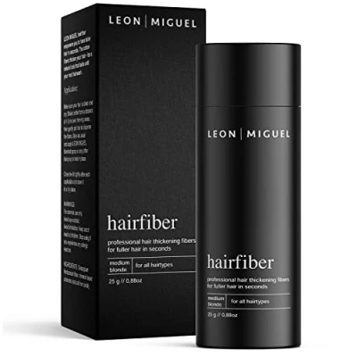 Afbeelding van LEON MIGUEL Hair Fiber Haarverdichting Premium Strooighaar/Strooihaar met direct effect bij inhammen, haaruitval en licht haar Haarpoeder 25g (GEMIDDELDE BLONDE)