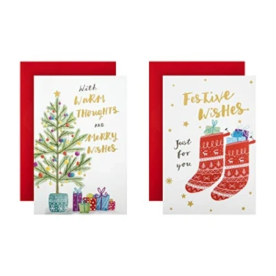 Afbeelding van Kerstkleuren kerstkaarten in doos voor liefdadigheid van Hallmark 12 kaarten 2 hedendaagse geïllustreerde ontwerpen