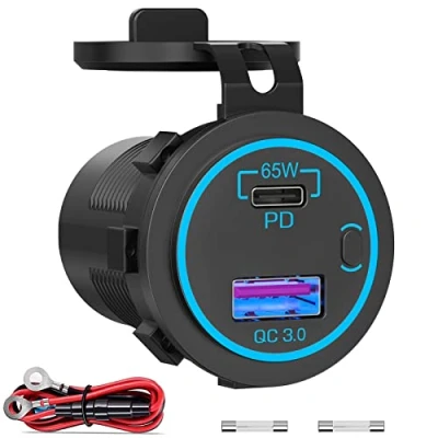 Afbeelding van Nieuwe PD 65W USB Autolader Inbouw voor Laptops: Qidoe Type C en QC3.0 18W Meerdere Poorten 12V Stopcontact met Waterdicht Schakelaar Auto Boot Camper Caravan Motorfiets