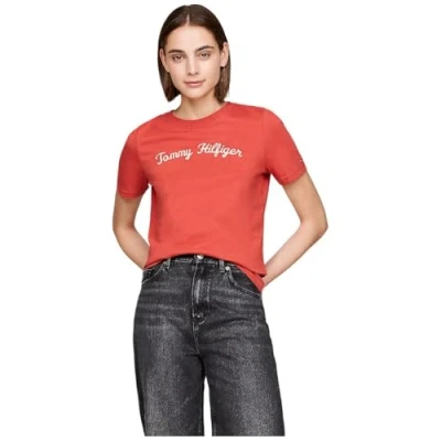 Afbeelding van Tommy Hilfiger REG Script CNK SS Tshirt print, Dames, Maat: 3XL, Terra red