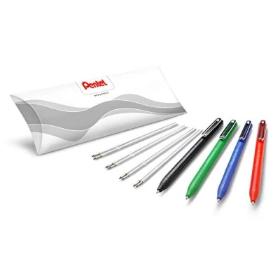 Afbeelding van Pentel iZee BX470 balpen, lage viscositeit, brede punt, 1 mm, 4 stuks + zakjes met elk 2 navulvullingen, zwart, rood, blauw, groen