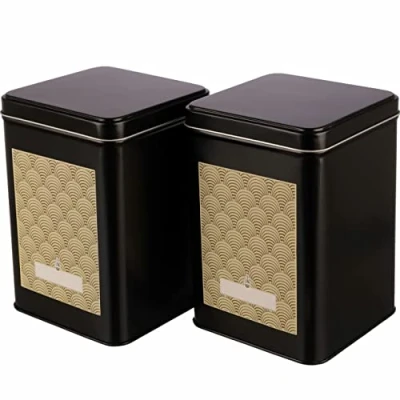 Afbeelding van Dosenritter 2 x vierkante thee/koffie caddy, zwart, STAPELBAAR, aromadicht van metaal met scharnierdeksel voor 400g thee, incl. Art Déco zelfklevende labels 15,3 10,6 10,6cm (H,B,D)