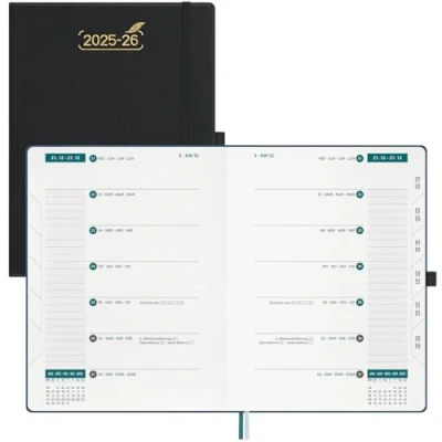 Afbeelding van BEZEND 18 maandskalender 2025 2026 Agenda A4 1 Week 2 Pagina&#039;s met Kolommen, Weekplanner van Juli tot December 2026, Boek Kalender Pu leren Hardcover, Zwart