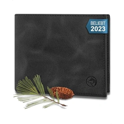 Afbeelding van Wolfstrøm Leren portemonnee voor heren, &#039;Nørge&#039;, Tri Fold RFID blocker, vak 6/8 kaarten, ID vak, groot extra bankbiljetten, muntenvak, (05) Antiek Zwart, X Large, Muntenportemonnee