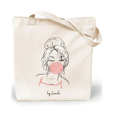 Afbeelding van Loxato stoffen tas bedrukt, tas, katoenen 35 x 42 8 cm (b h 8), draagtas, canvasstof 220 g/m2, jute boodschappentas lang handvat 70 cm, boodschappentas, Bubble Gum Girl