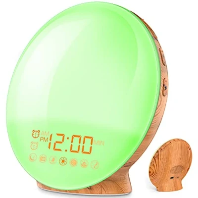 Afbeelding van COULAX wake up Lichtwekker, houtlook, daglichtwekker, met 2 wektijden, 7 natuurlijke geluiden en FM radio, snooze, light, wekker, voor volwassenen kinderen