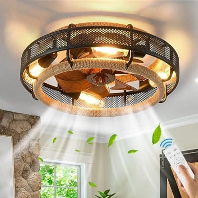 Afbeelding van Plafondventilator met Licht en Afstandsbediening Retro Slaapkamer Ventilator Plafondlamp Vintage Kooi Industriële Stille voor Woonkamer Keuken