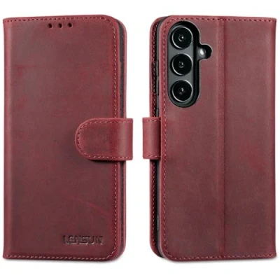Afbeelding van Lensun Leren hoesje voor Samsung Galaxy S24 5G, met RFID blokkering, boek portefeuille, magneetsluiting, flipcase, rood