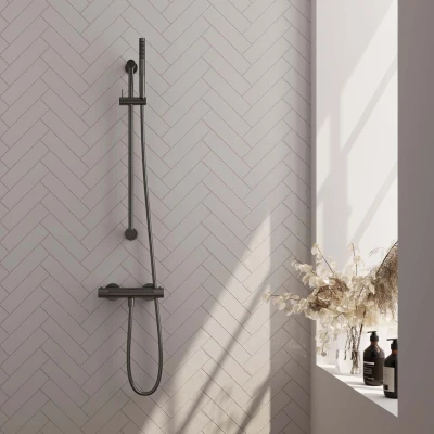 Afbeelding van BRAUER gunmetal Carving opbouw douche thermostaatkraan SET 01 met glijstang en staaf handdouche doucheslang geborsteld PVD