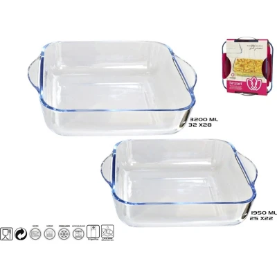 Afbeelding van Set van 2 Glazen ovenschalen serveerschalen rechthoekig 25 en 32 cm Ovenschotel oven serveersc...