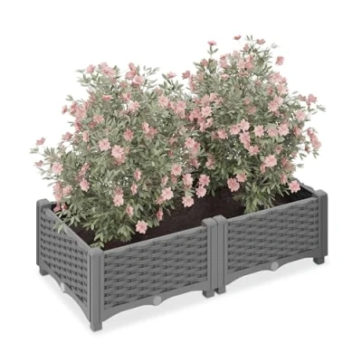 Afbeelding van Relaxdays plantenbak, rotanlook, HxBxD: 23 x 80 40 cm, tuin, balkon &amp; terras, met waterreservoir, bloembak, grijs