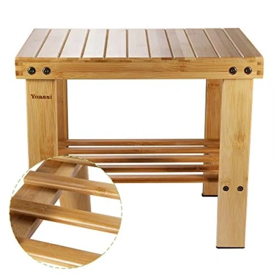 Afbeelding van Vintage bamboekruk, voetenbankje, voetenbank, kruk L x B H 39 25 34 cm, robuuste antislip zitkruk, bijzettafel, bloemenkruk, kinderstoel, opstapkruk
