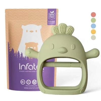 Afbeelding van Infatot® Bijtring Speelgoed Voor Baby Siliconen Kip Met Handschoen, Voorkomt Vingerzuigen Olijf