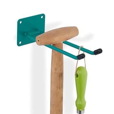 Afbeelding van Relaxdays bezemhouder staal tuingereedschapshouder 25 kg ophanghaak garage groen