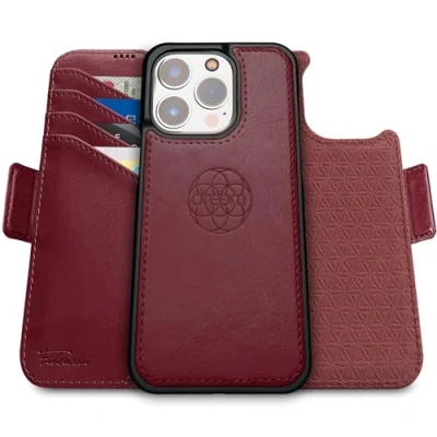 Afbeelding van Dreem Fibonacci compatibel met iPhone 16 Pro Max portemonnee case / 2 in 1 schokbestendig hoesje en afneembare veganistisch lederen folio, MagSafe, RFID bescherming [Bourgondië]