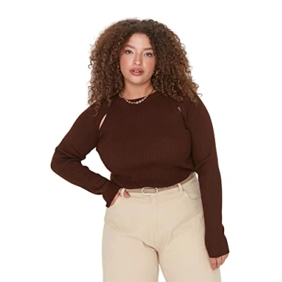 Afbeelding van Trendyol Dames ronde hals effen normale plus grootte trui sweatshirt, bruin, 4XL, BRON, 4XL