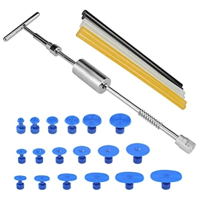 Afbeelding van 25 stuks Paintless auto deuken reparatieset, reparatieset met deuktrekker, glijhamer T bar, 18 verwijdertabs + 6 Hot Glue sticks voor lichaam hagel schade remover