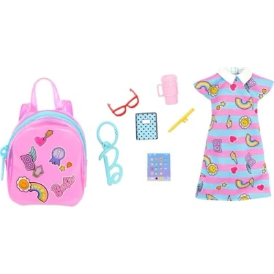 Afbeelding van Barbie Kleding Outfit Poppen Accessoires Regenboog Jurk, Grote Tas, koffiebeker, bril, schrift, tablet en stylus