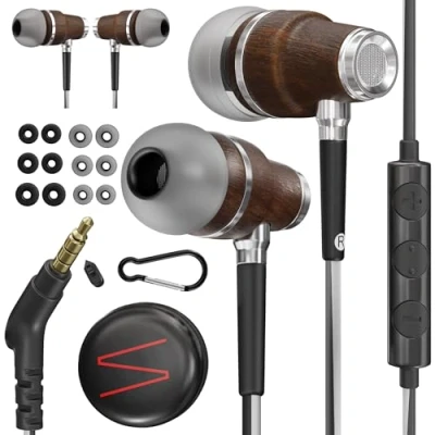 Afbeelding van Symphonized NRG 3.0 Houten Oordopjes voor Mobiele Telefoon, Laptop &amp; Computer, In Ear Geluidsisolerende Koptelefoon met Microfoon Volumeregeling, Dreunende Bas (Zwart Grijs)