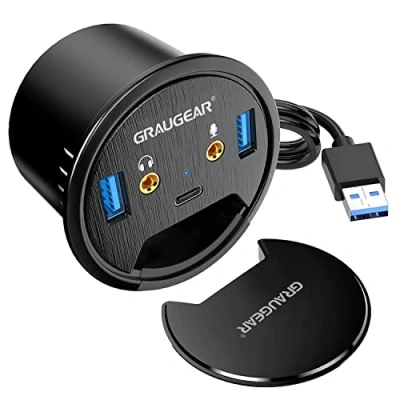 Afbeelding van GRAUGEAR G THUB AU 60, USB 3.0, tafelHUB, 3 poorten, 1 x C, 2 A, audio I/O, inbouw in 60 mm bureaugat, kabellengte 150 cm, stofafdekking, 5 Gbit/s