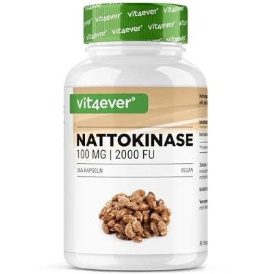 Afbeelding van Nattokinase 365 capsules met elk 100 mg (20.000 FU/g) 12 maanden voorraad hoge dosis veganistisch zonder genetische manipulatie ongewenste toevoegingen