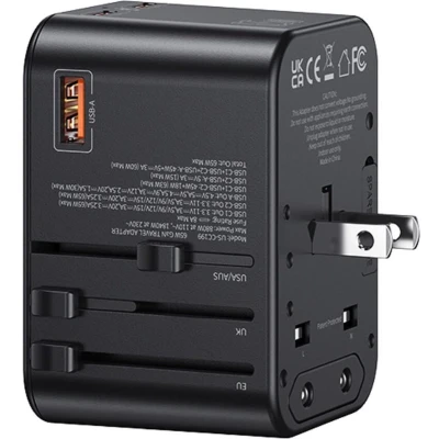 Afbeelding van USAMS Wereldstekker 65W EU / UK VS AU 2x USB C A PD Zwart