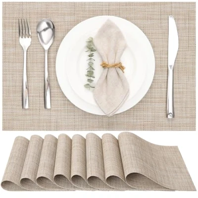 Afbeelding van Myir JUN Placemats Set van 8, Vinyl Geweven Wasbaar Hittebestendige Antislip Geschikt voor Keuken Familie Restaurant Koffiebar (Licht Geel)