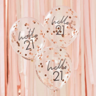 Afbeelding van Ginger Ray Rose Gold Foiled Hello 21 Verjaardag Decoratieve Confetti Ballonnen 5 Pack Mix it Up, Party