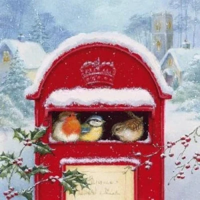 Afbeelding van 20 servetten wintervogels in brievenbus dieren winter Kerstmis tafeldecoratie 33x33cm