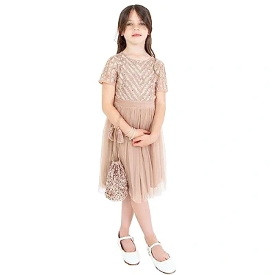 Afbeelding van Maya Deluxe Midi jurk voor meisjes bruiloft met lovertjes versiering korte mouwen prom verjaardagsfeestje bruidsmeisje, Taupe Blush, 5 6 jaar