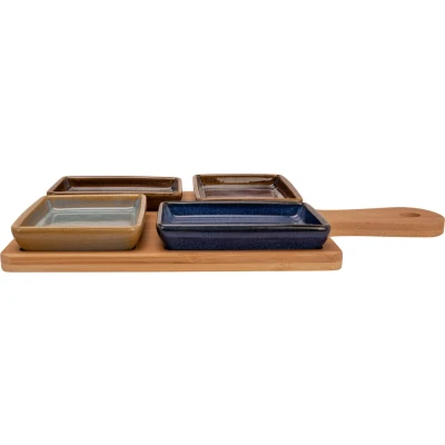 Afbeelding van Serveerplank bamboe 29 x 20 cm met 4x luxe hapjes/saus/tapas schaaltjes Serveerplanken