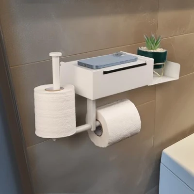 Afbeelding van Belle Vous wc rolhouder met plankje en billendoekjesdoos Hangende toiletrolhouder Rvs zonder boren Zelfklevend schroeven
