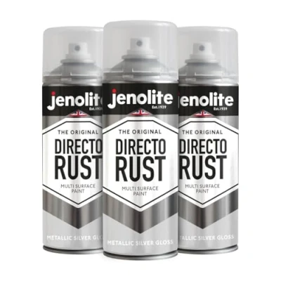 Afbeelding van JENOLITE Directorust Metallic Gloss Spray Paint ZILVER 3x400ml Multi Surface Gold voor metaal, hout, kunststof All In_OnePrimer, ondervacht en topcoat Interieur &amp; Exterieur