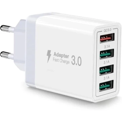 Afbeelding van usb Oplader, 4 Poorts USBA Oplaadadapter Met 33 W Smart QC 3.0 Snellader, Multi Poort Oplader voeding Compatibel iPhone 11/12/13/14/15/16/SE/XS/XR/iPad/Samsung Galaxy S21/S22/S23/S24
