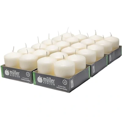 Afbeelding van Müller Decoratieve stersen, set met 24 kaarsen ivoor, 48 x 62 mm, brandduur 10 uur, druppelvrije was, ongeparfumeerd, RAL kwaliteit